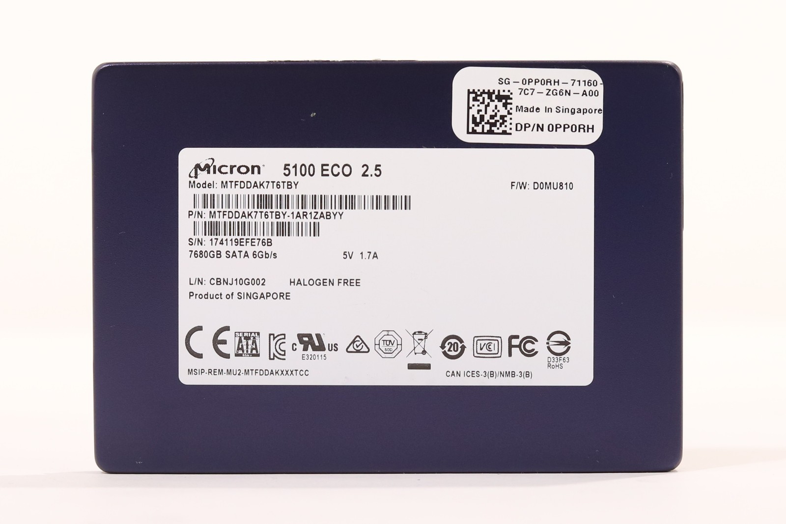 Micron MTFDDAK7T6TBY 7.68TB 2.5" 6Gb/s 3D TLC BH-100% SATA SSD Dell P/N: 0PP0RH
