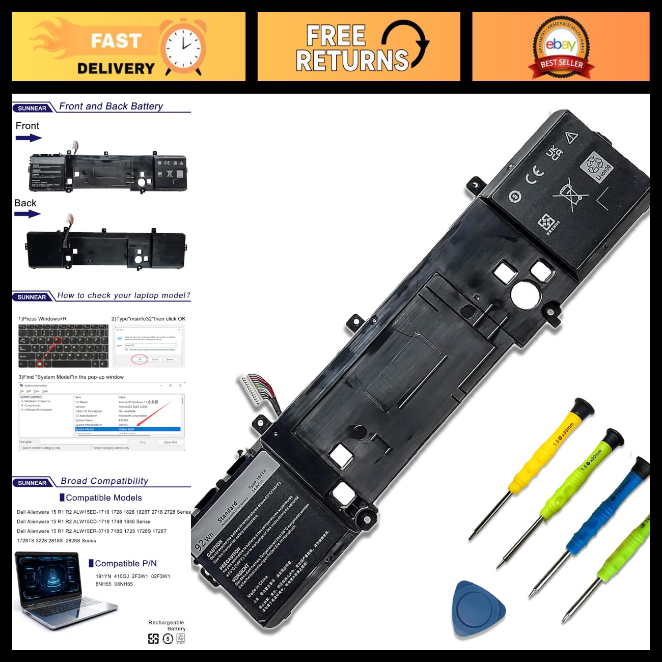 High-Capacity 92Wh Laptop Battery for Dell Alienware 15 R1 R2 ALW15ED ALW15CD 60