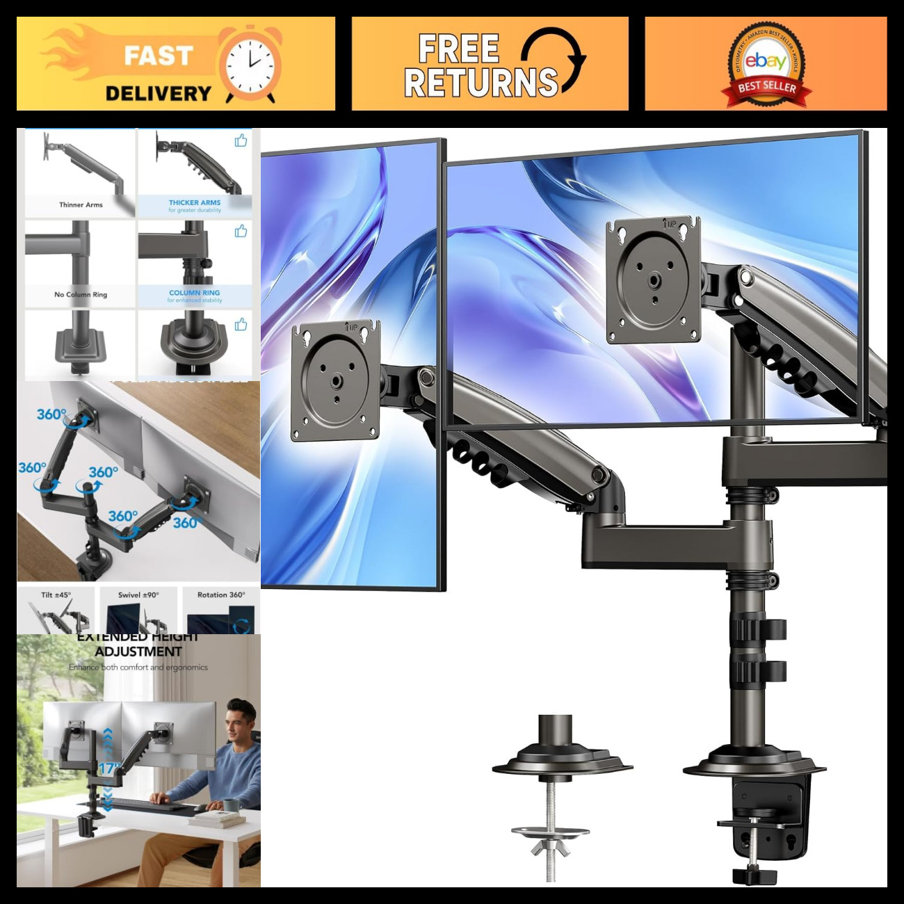 Dual Monitor Stand for 17-32 Inch Screens, Adjustable Ergonomic Mount, VESA 75/1