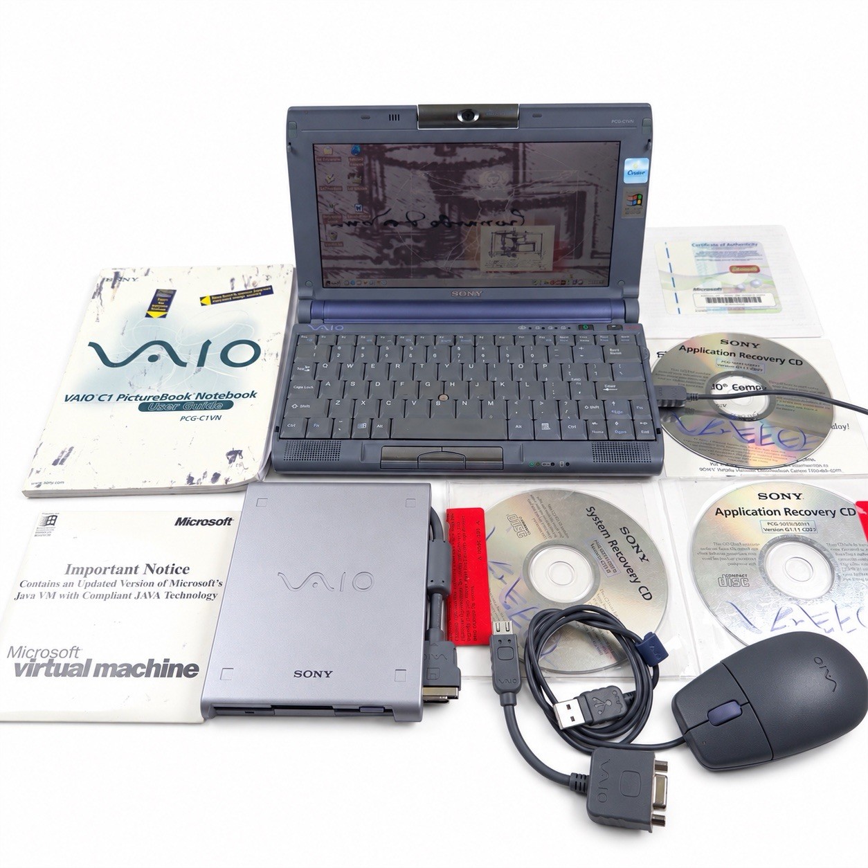 Vintage Sony VAIO PCG-C1VN PictureBook Transmeta Crusoe Windows Me Laptop Bundle