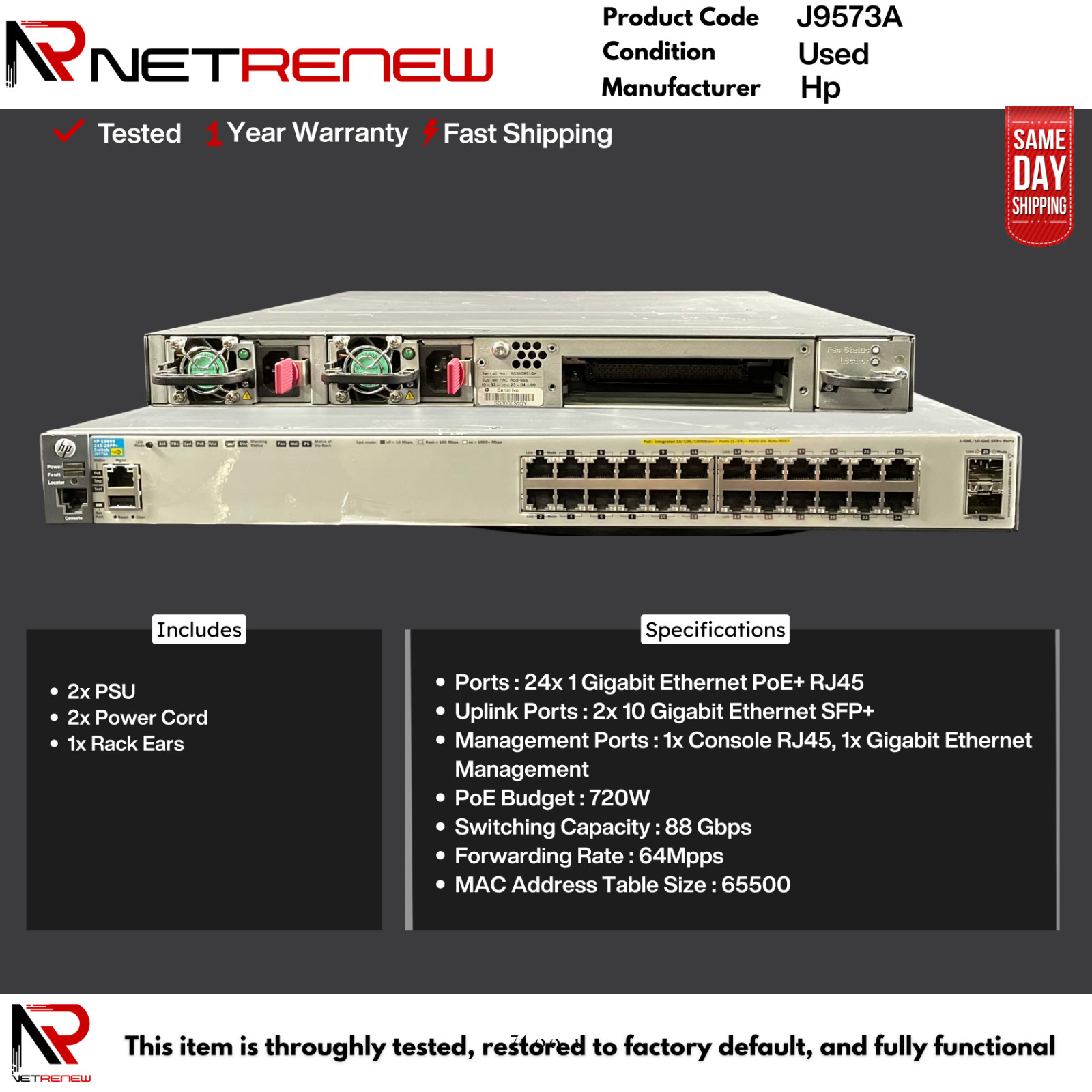 HP J9573A E3800-24G-2SFP+ Switch  Dual PSU