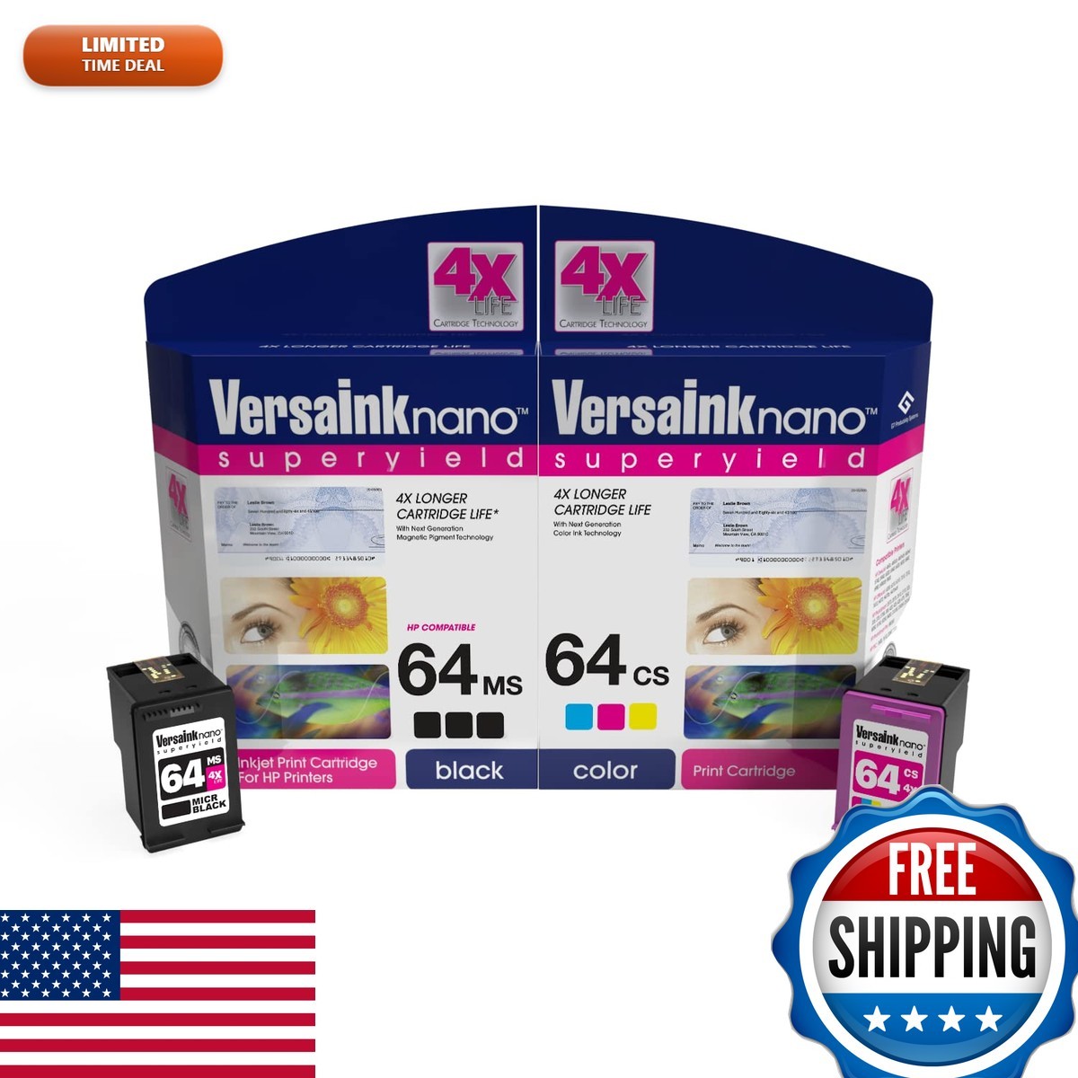 VersaInk Nano 64 MICR Black & Tri-Color Ink Cartridge Combo for Check Printing