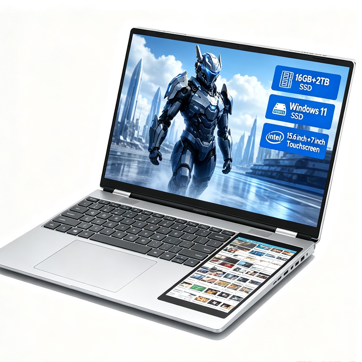 15.6"+7"Dual‑Screen Laptop Intel N150 16GB DDR4 Backlit Keyboard Face ID +Mouse