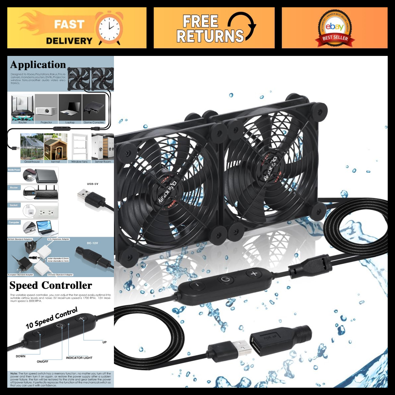 Dual 120mm USB Cooling Fan - 10-Speed, Waterproof, Ideal for Router, Xbox, PC