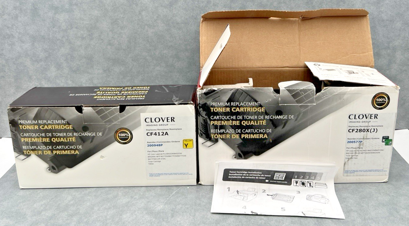 (2) CLOVER IMAGING TONER CARTRIDGES CF280X J, BLACK & CF412A YELLOW FOR HP LASER