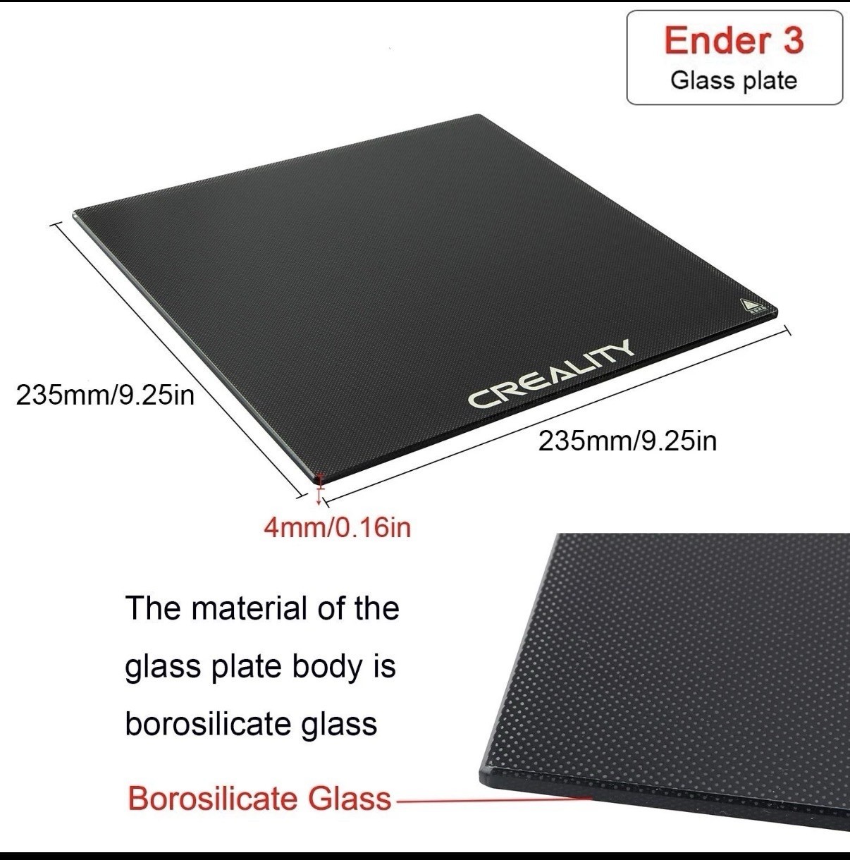 Creality 3D Printer Carbon Silicon Crystal Tempered Glass Plate 235 x 235 mm