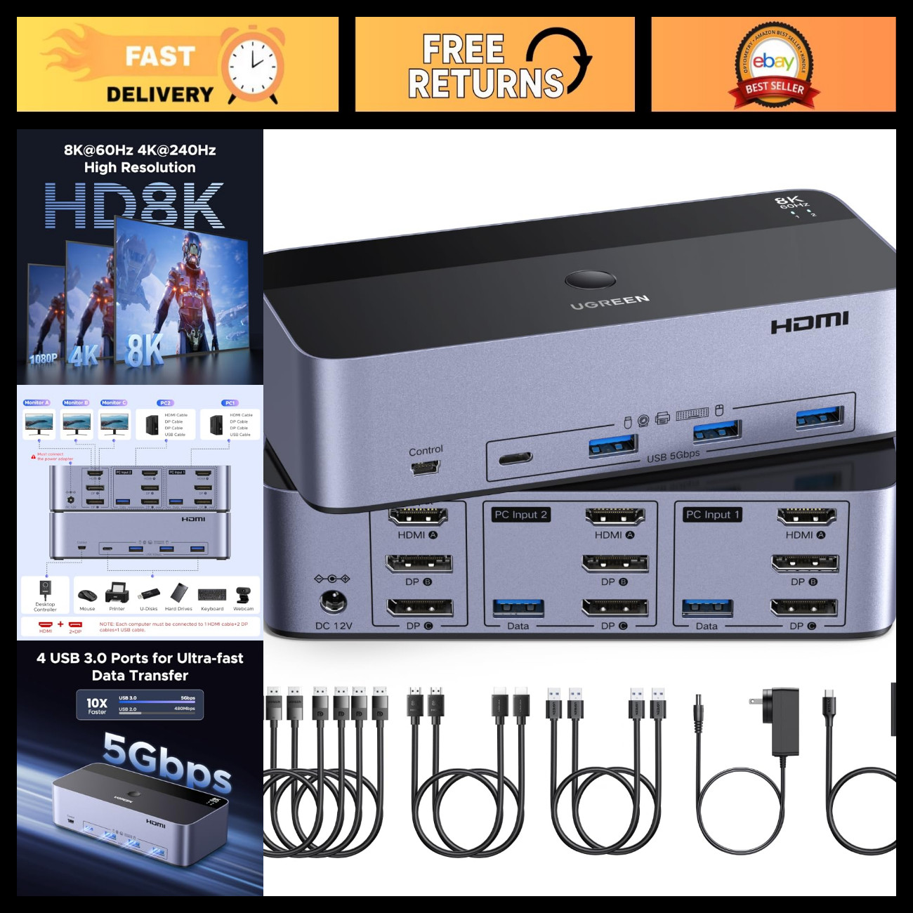 8K HDMI KVM Switch for 3 Monitors & 2 Computers, Aluminum, 60Hz, Multi-Device Hu