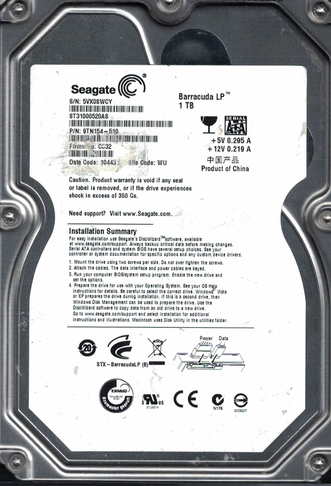 SEAGATE ST31000520AS	5VX 9TN154-510	CC32	10443	WU