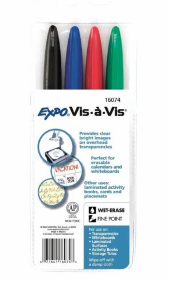 16074 Expo Vis-A-Vis Wet Erase Marker, Fine Tip, Four Colors, Brand New - Lot(8)