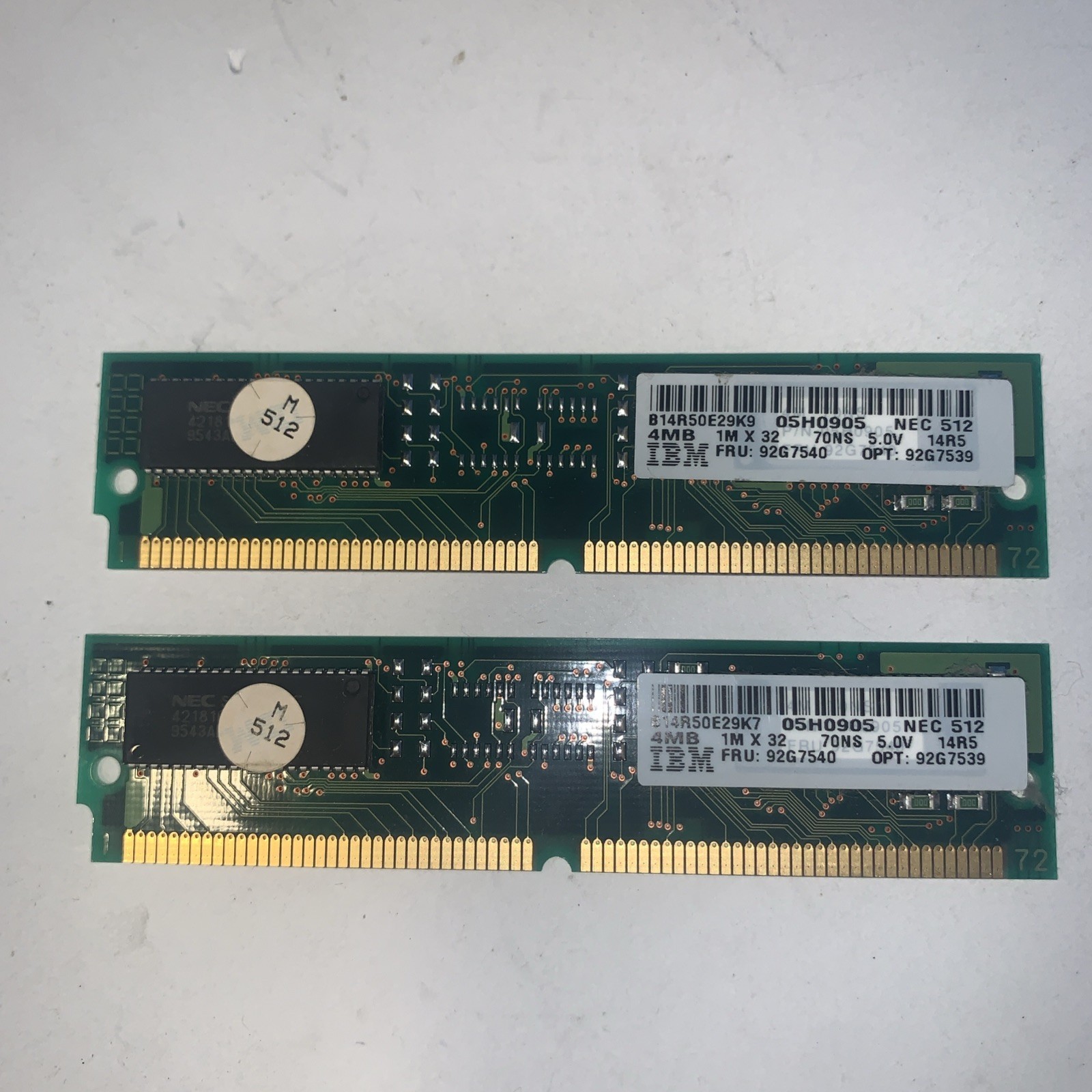 2x  IBM 92G7540 4MB 70NS 72 PIN SIMM 05H0905 92G7539