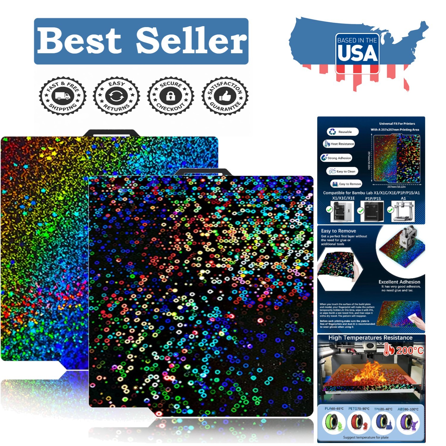 Durable 3D Printer Build Plate 257x257mm - Holographic PEI for X1/X2D Models