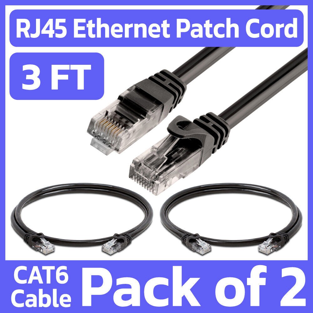 2 Pack Black Cat6 Ethernet Cable 3ft RJ45 Internet Patch Cord LAN Network Wire