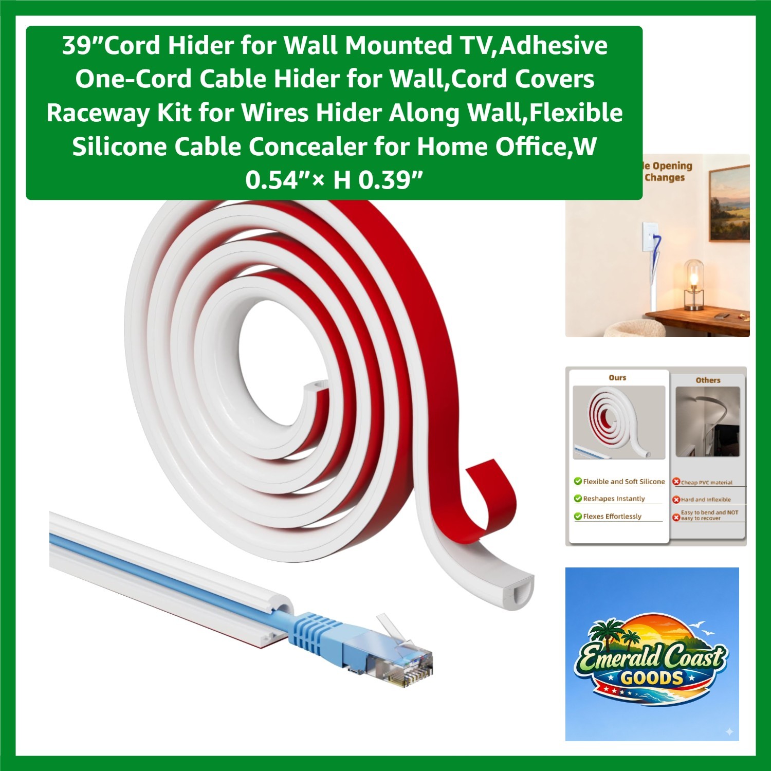 39 Inch White Cable Hider - Ideal for Indoor/Outdoor Use with Strong Adhesive