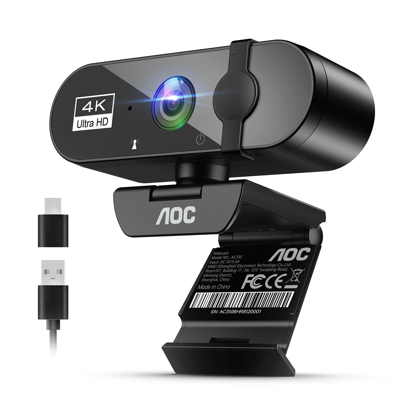 AOC 4K Webcam for PC, Streaming Computer Camera with Noise-Canceling Mic Black