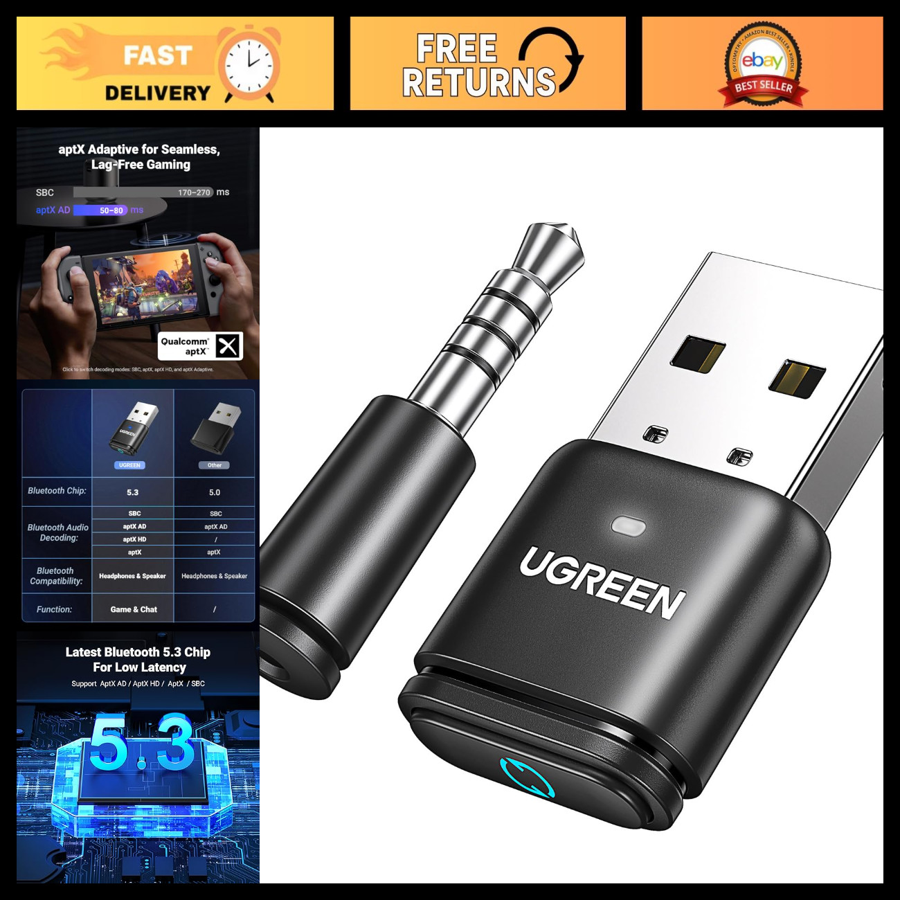 Bluetooth 5.3 USB Audio Transmitter Adapter for PS4 PS5 - APTX Low Latency