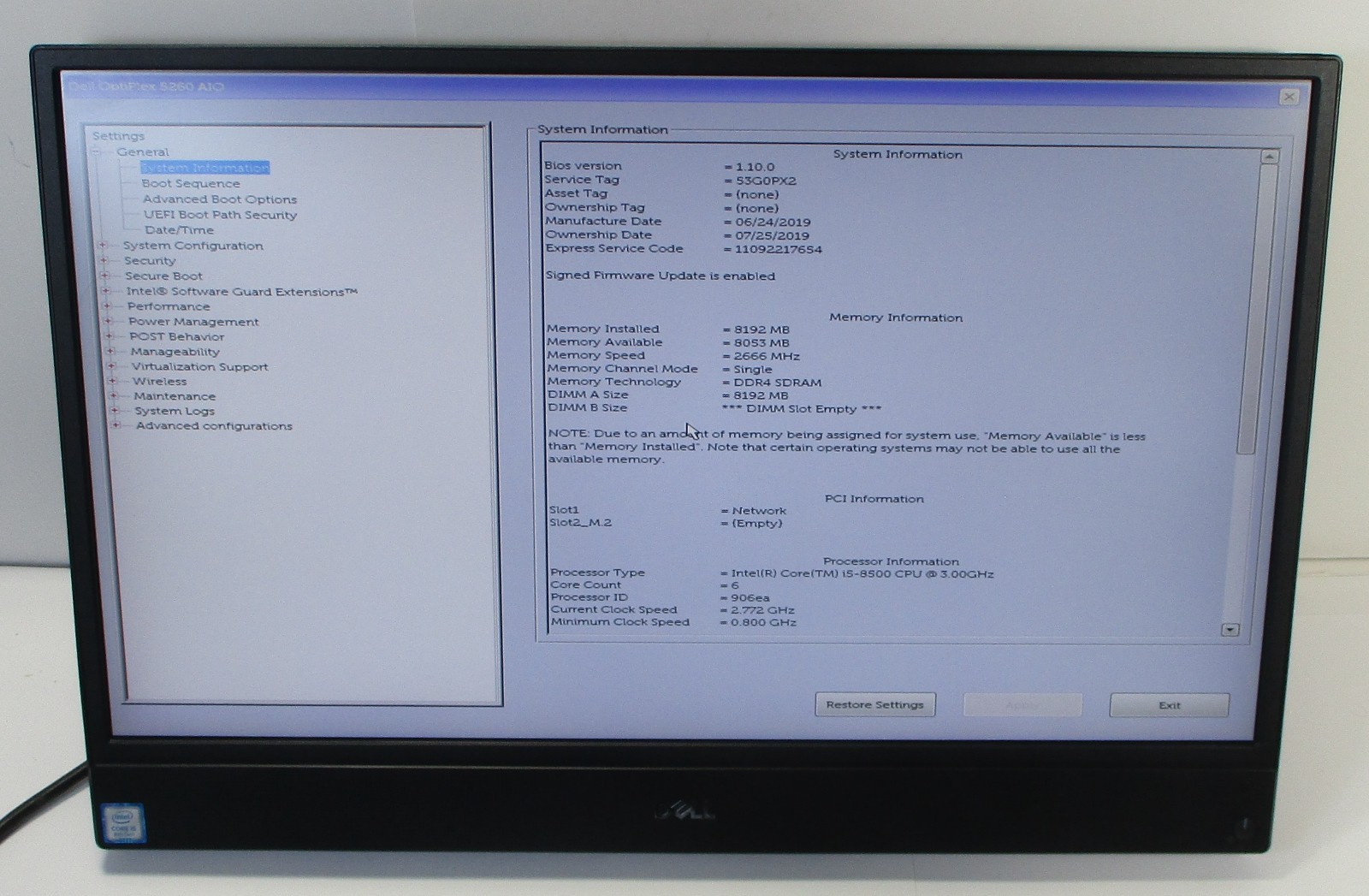 Dell OptiPlex 5260 AIO 21.5" Intel Core i5-8500 CPU, 8GB Ram, Wifi, No SSD/Stand