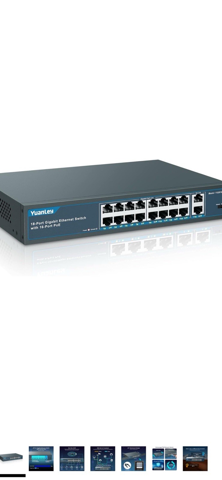 YuanLey 18-Port PoE Switch 16 PoE+ 2 Gigabit Uplink 250W 802.3af/at Unmanaged
