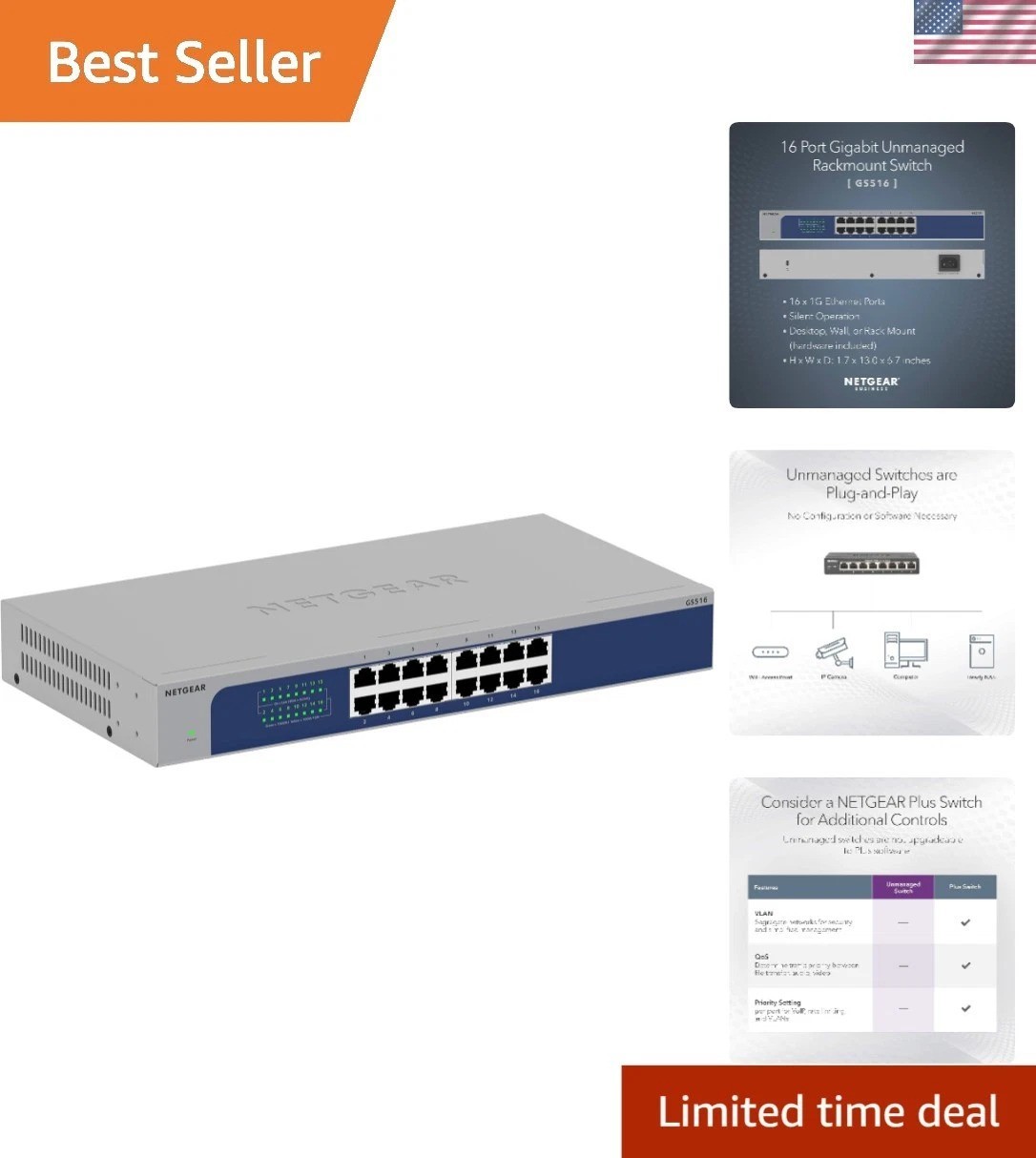 High-Speed 16-Port Unmanaged Gigabit Ethernet Switch - Rackmount or Desktop