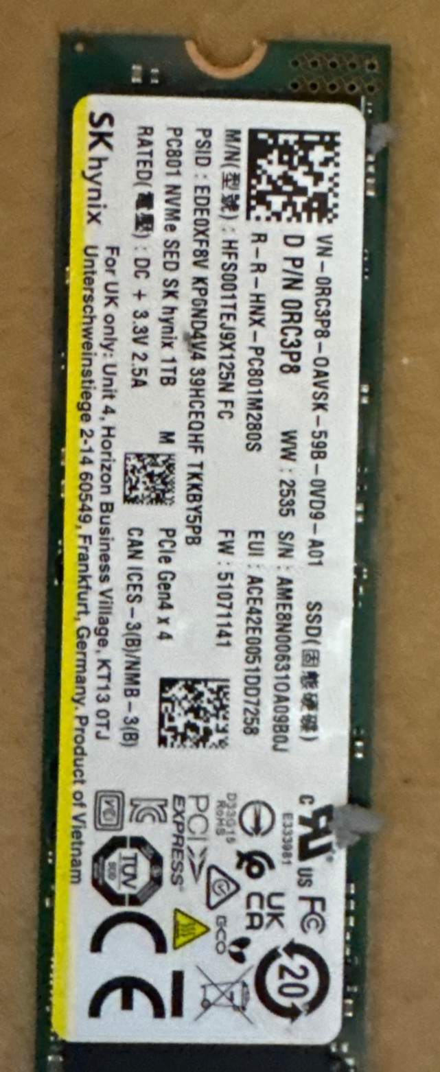 SK Hynix 1TB PC801 M.2 NVMe PCIe Gen4x4 2280 SSD