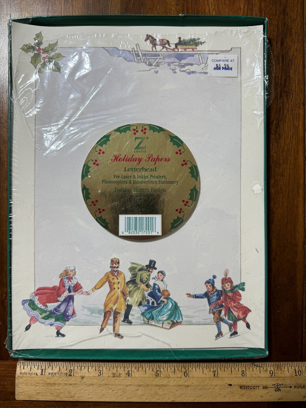Vintage Z GRAFIX~8.5"x11" Holiday Letterhead Ice Skaters opened