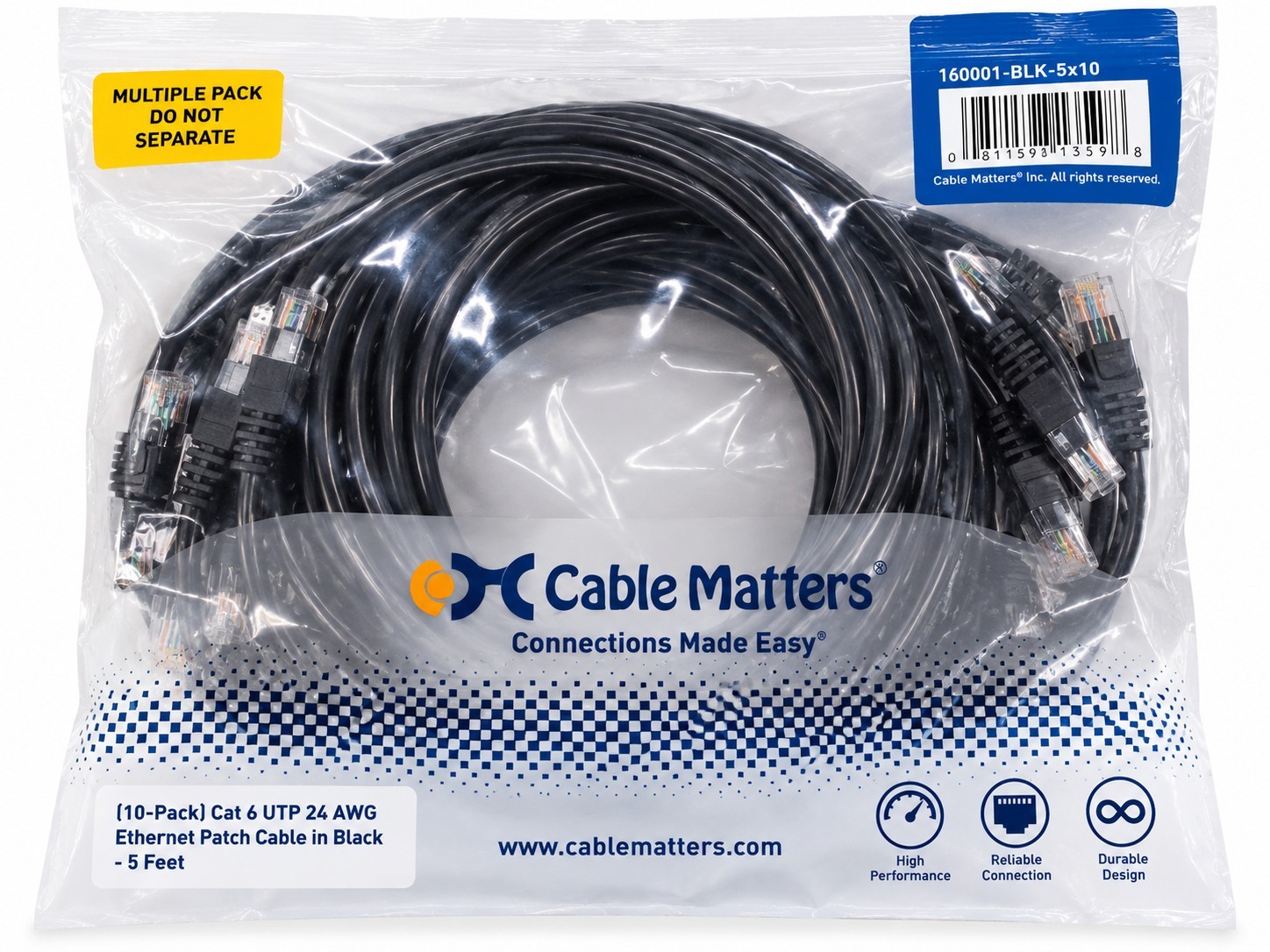 Cable Matters Cat6 Ethernet Patch Cable 5ft Black 24AWG UTP 10-Pack New