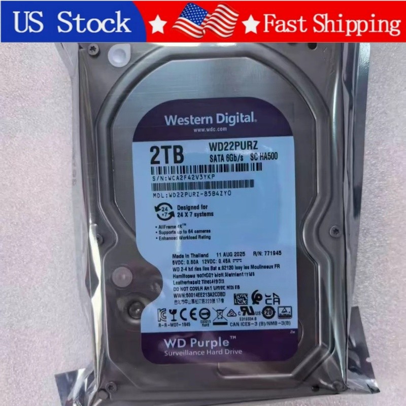 New Western Digital WD22PURZ 2TB Purple 256MB 3.5" SATA HDD Surveillance CCTV