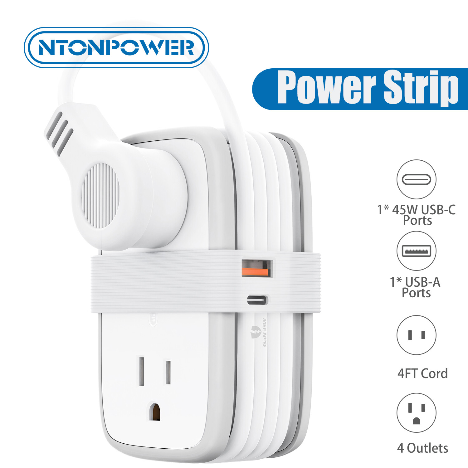 NTONPOWER 6 in 1 Travel Power Strip USB C Ports 4ft Cord White 4 AC Outlets
