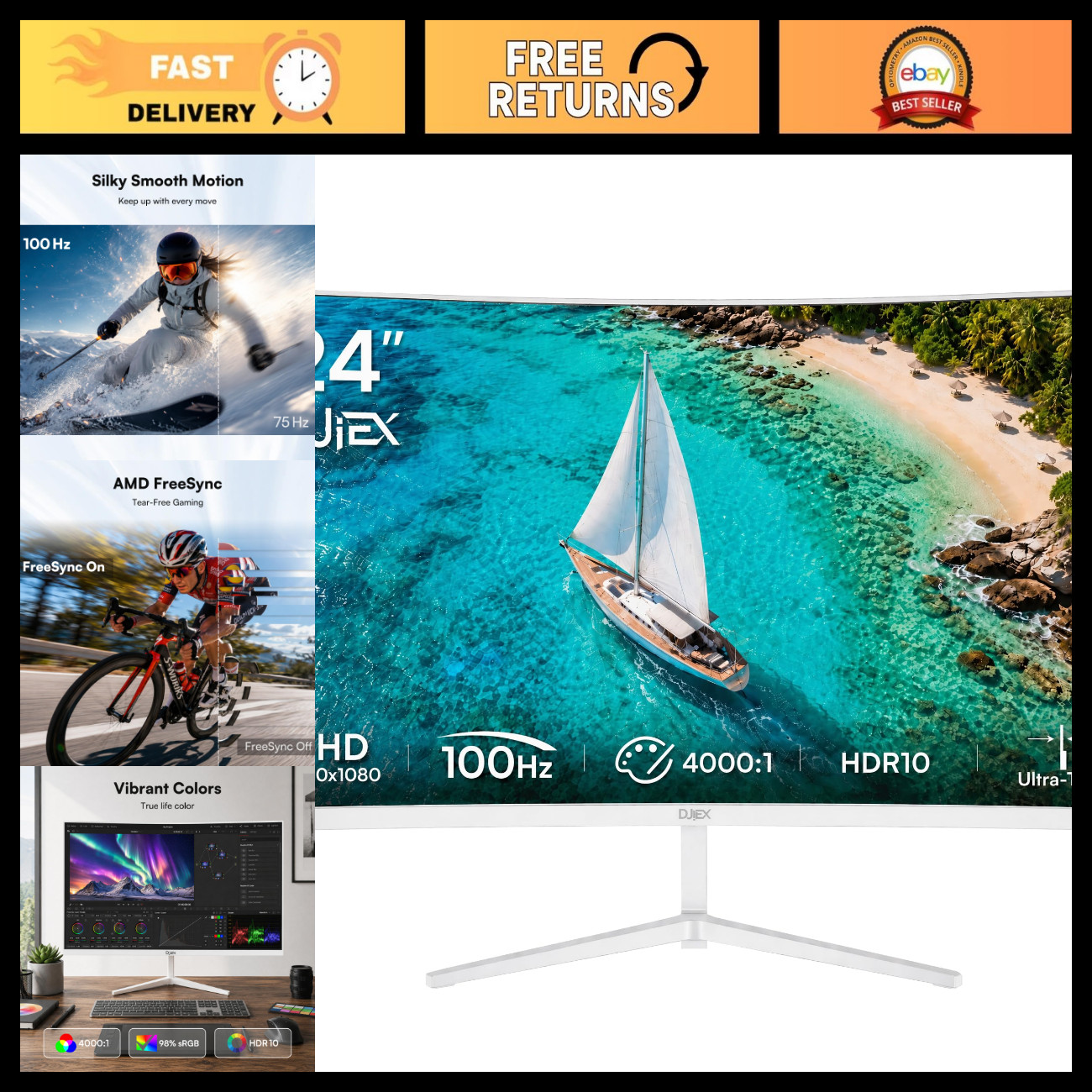 24" Curved White FHD Monitor 1080P 100Hz VA Panel 3000R - Gaming & Office Use