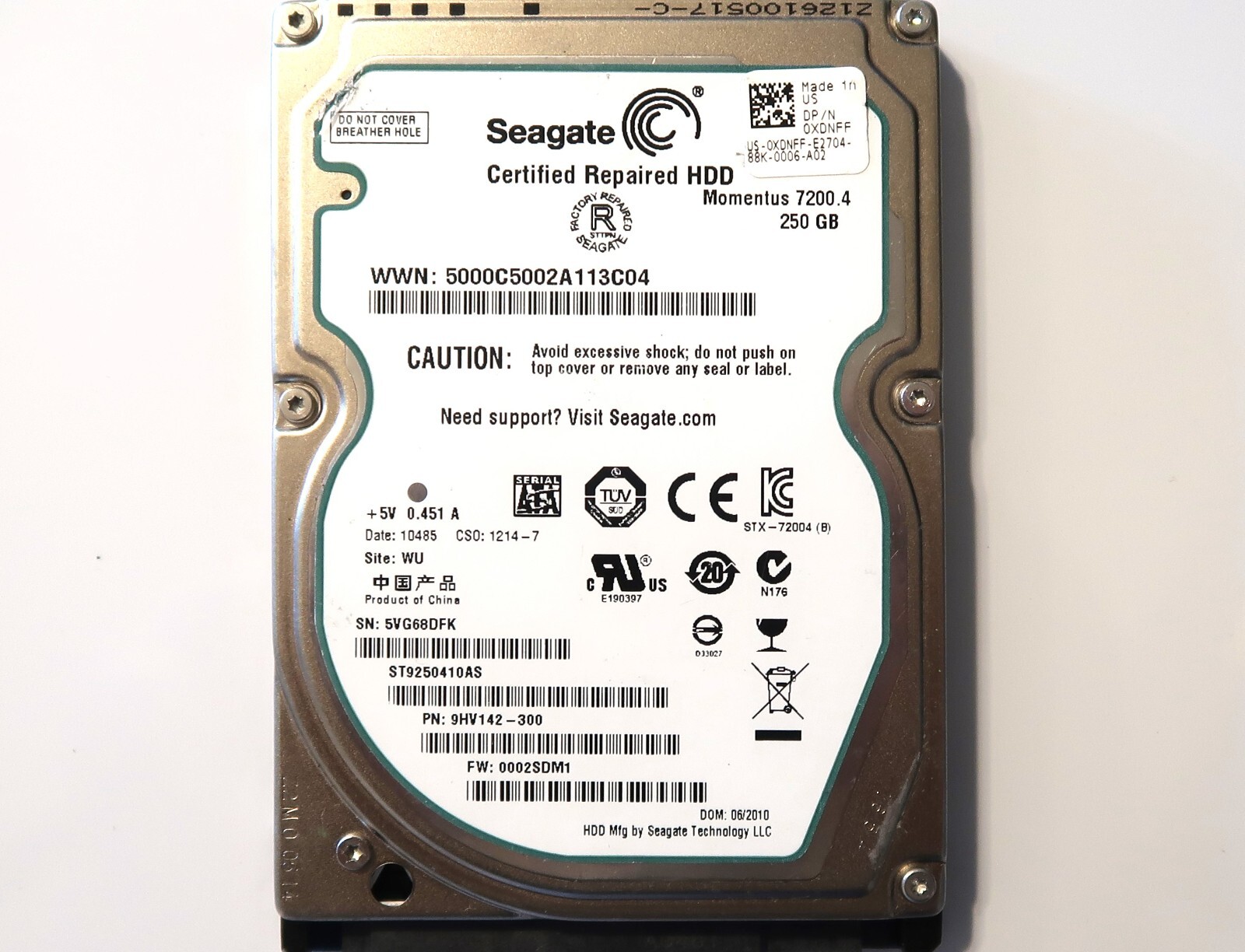Seagate ST9250410AS 9HV142-300 FW:0002SDM1 WU 250gb 2.5" Sata Hard Drive 06/2010