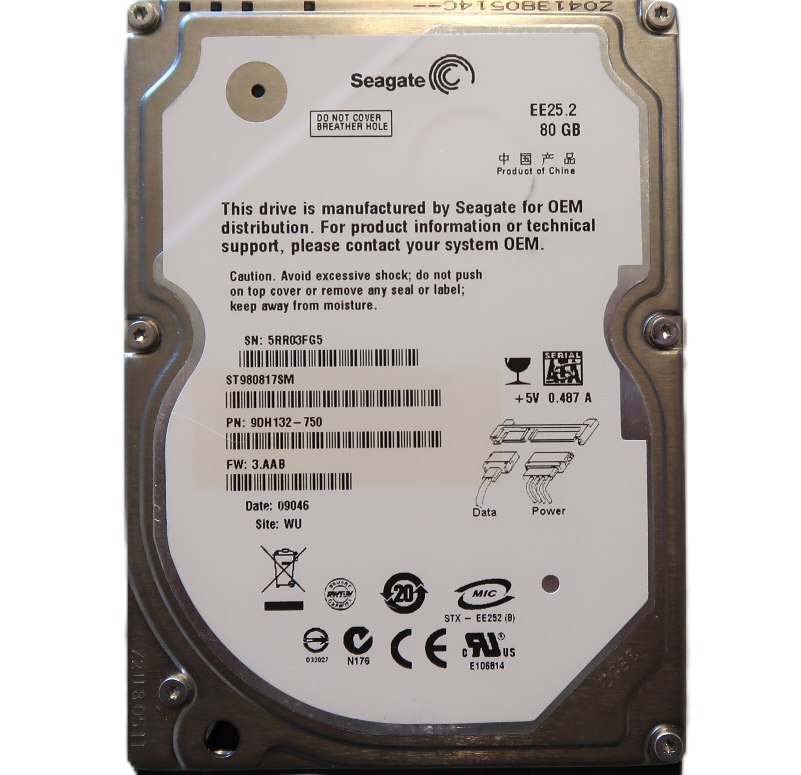 Seagate ST980817SM 9DH132-750 3.AAB (5RR0) WU China 80gb 2.5" Sata HDD 07/2008