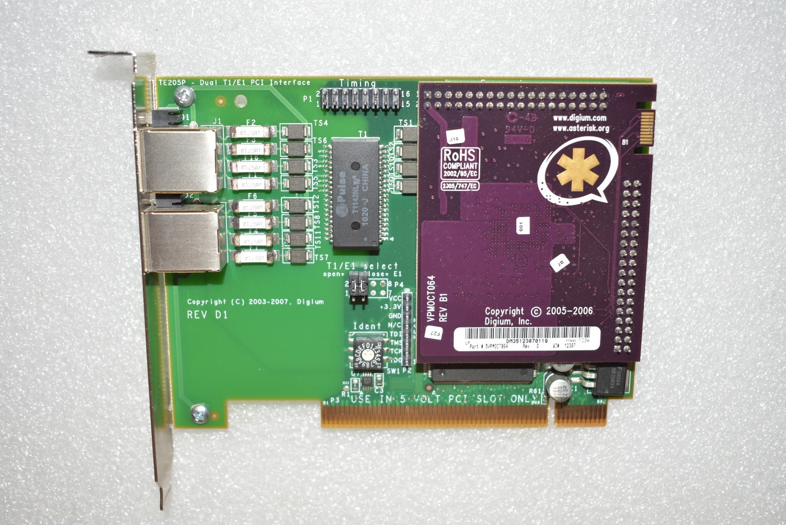 DIGIUM WILDCARD TE205P DUAL T1/E1 PCI INTERFACE W/VPMOCT064 ECHO CANCELLATION
