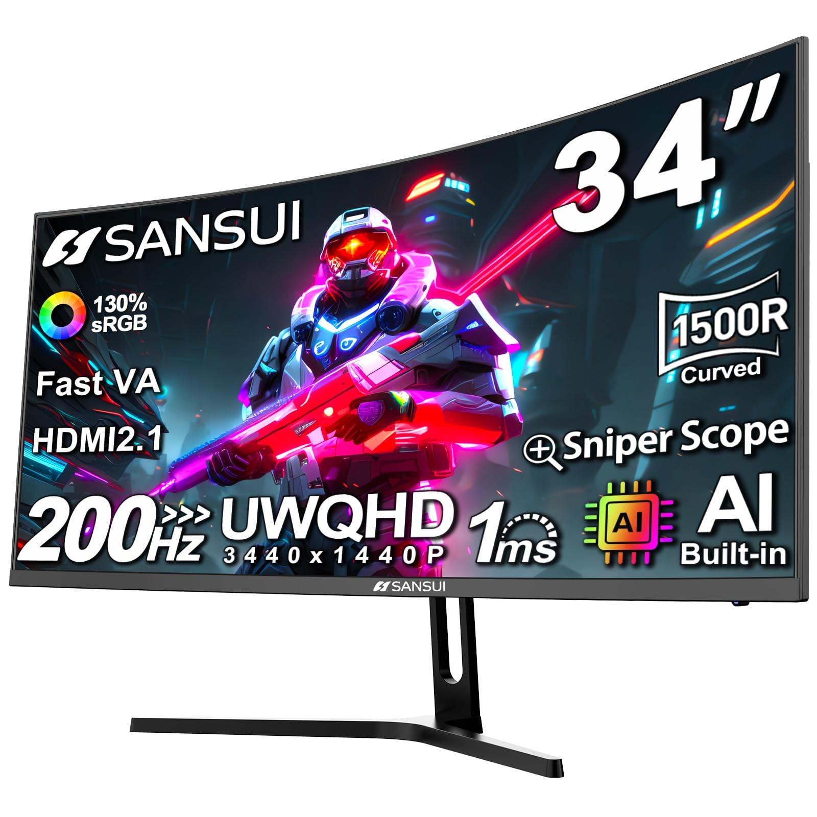 SANSUI 34-Inch Curved Gaming Monitor UWQHD 3440 x 1440 Up to 165Hz Curved 1500R