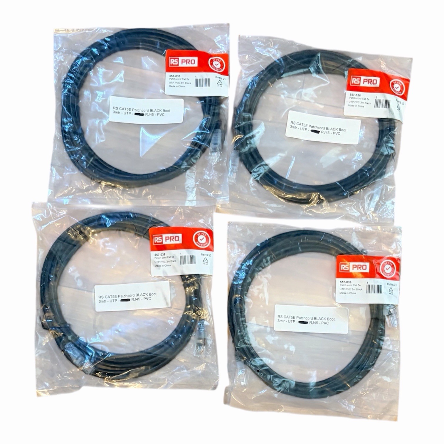 4-Pack RS Pro 557-036 Black Patch Cord Cat 5e NWT
