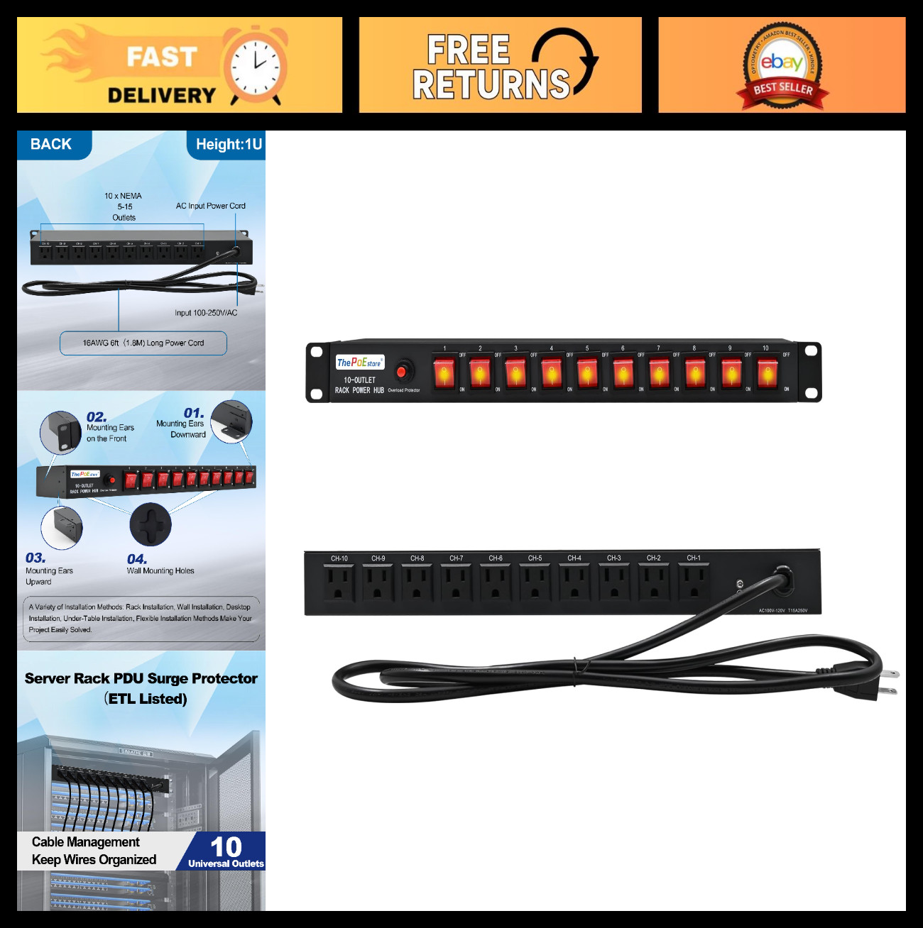 Horizontal 1U Rack Mount Power Strip | 10 Outlet PDU, 120V 15A, Overload Protect