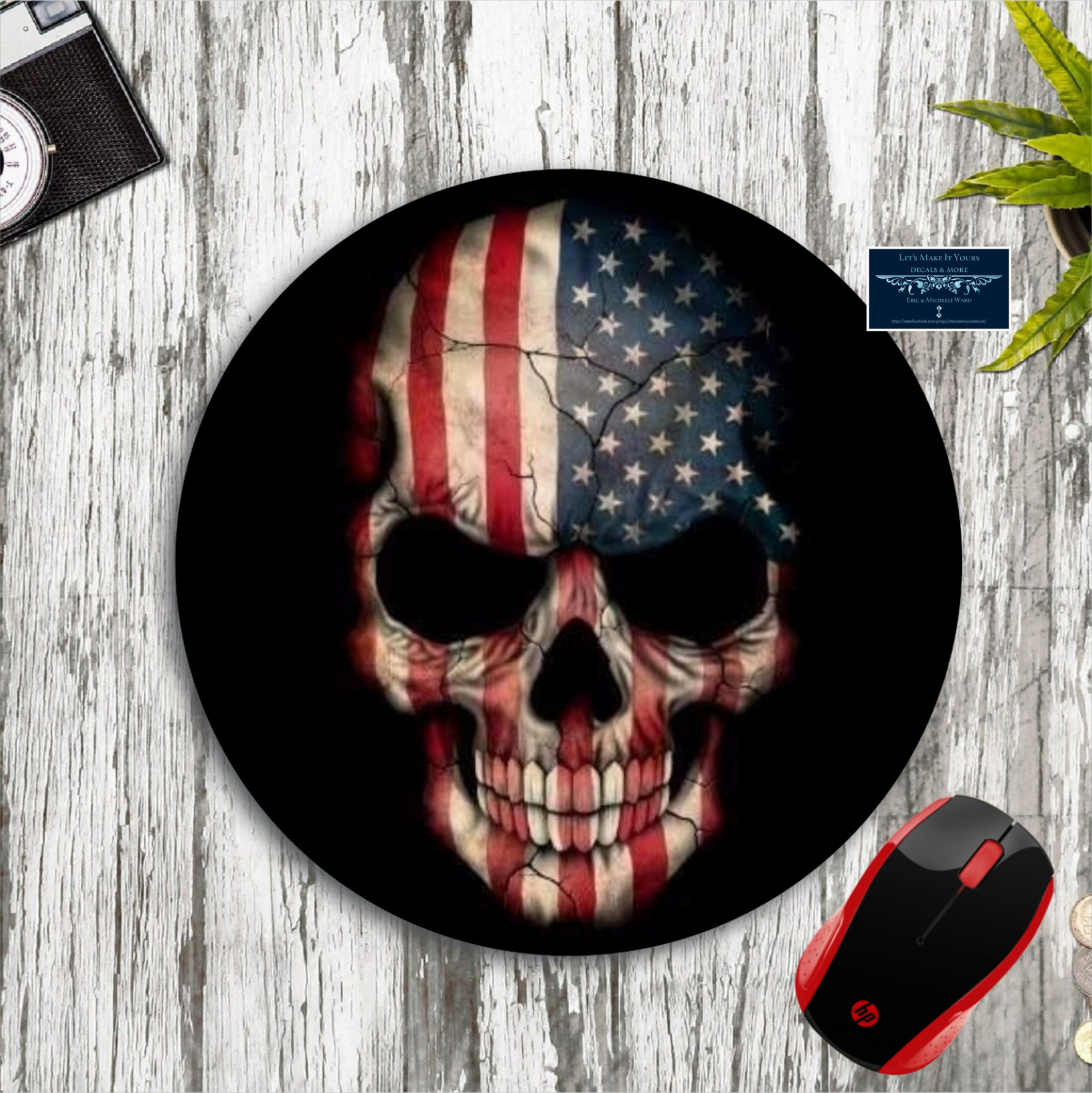 SKULL PATRIOTIC AMERICAN FLAG CUSTOM ROUND MOUSE PAD DESK MAT SCHOOL OFFICE GIFT