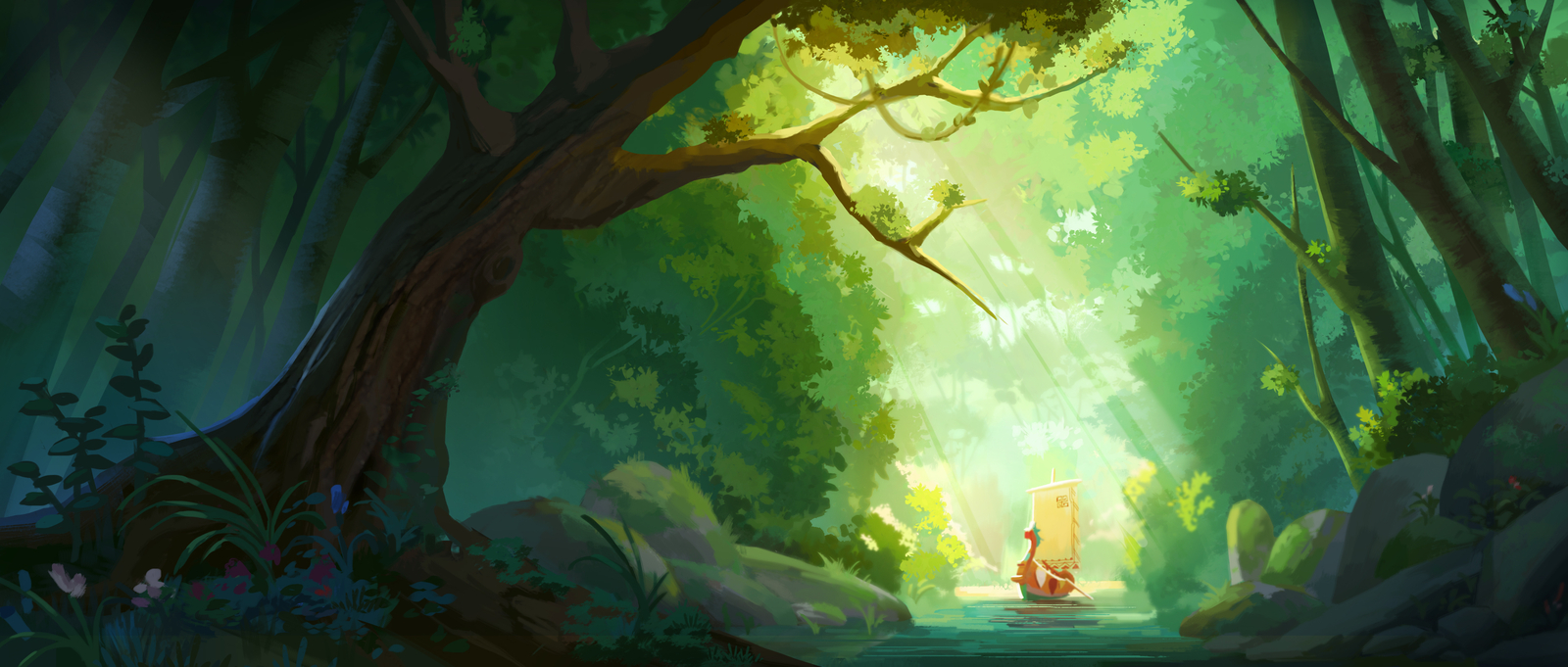 Landscape  art illusion river boat trees Custom Gaming Mat Desk