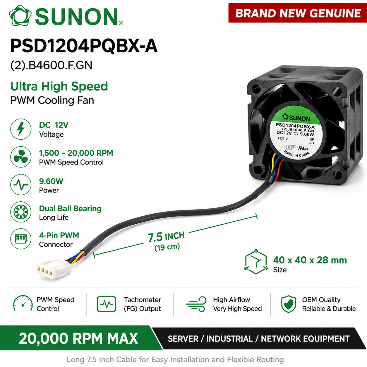 Sunon PSD1204PQBX-A 40x40x28mm 12V PWM 4-Pin 20,000RPM 9.6W Server Fan