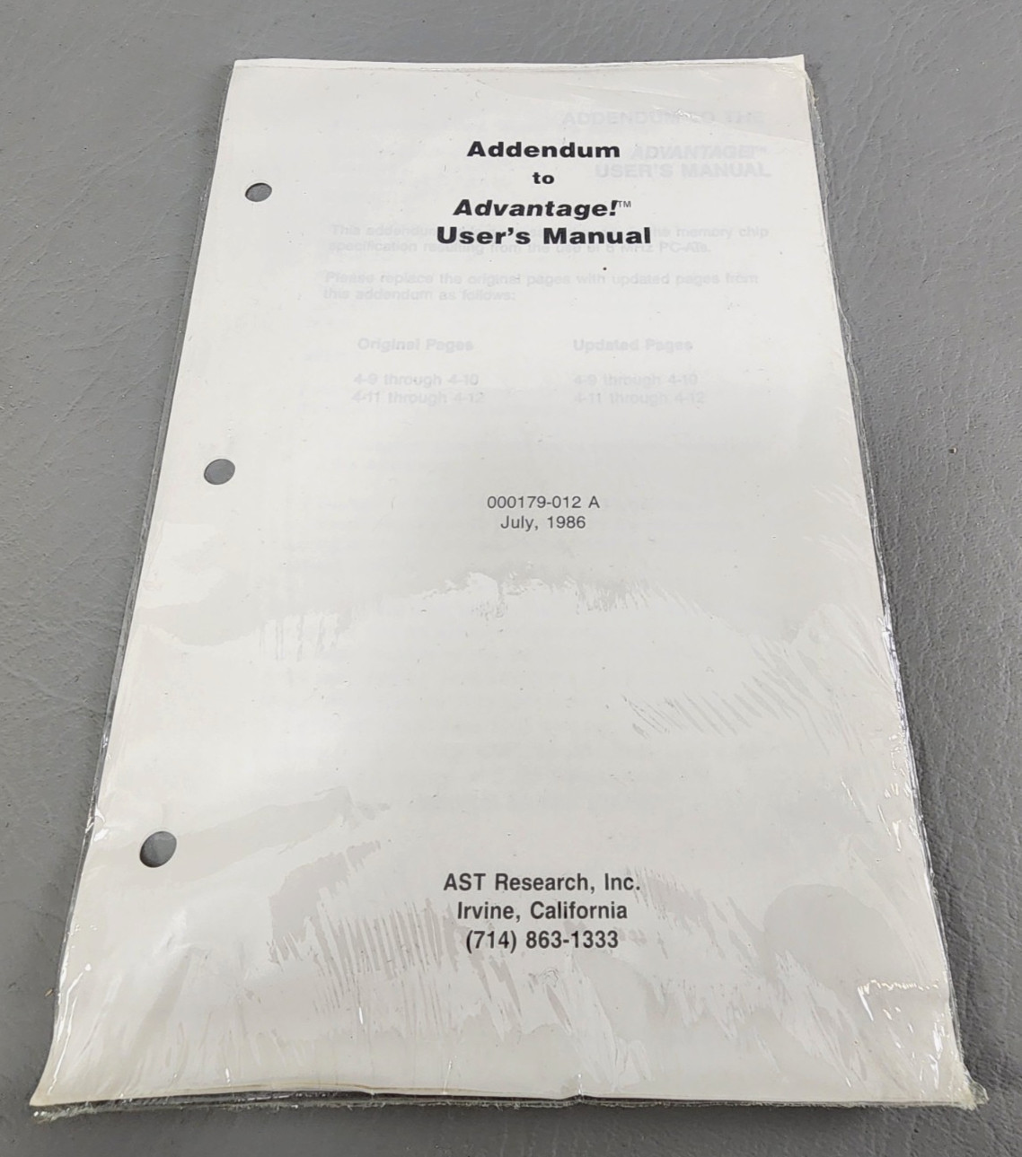 Vintage AST Research Addendum to Advantage User's Manual - NEW Old Stock