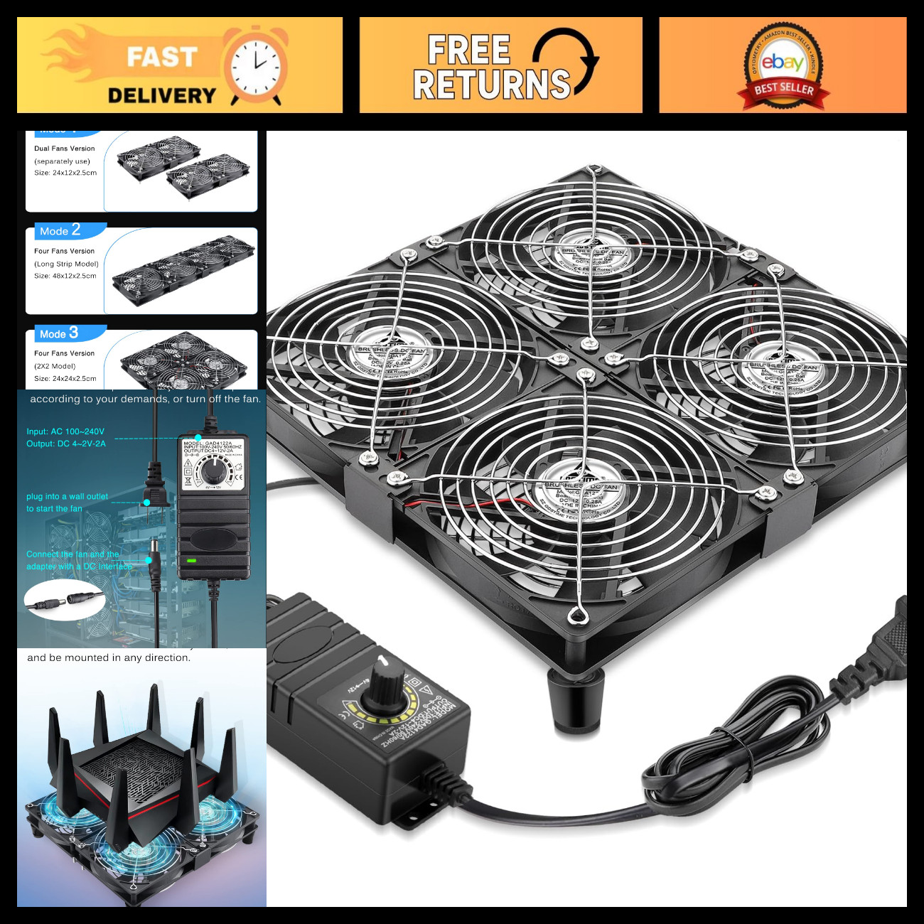 4X 120mm Variable Speed Fans with Controller - AC Powered 100V-240V Cooling