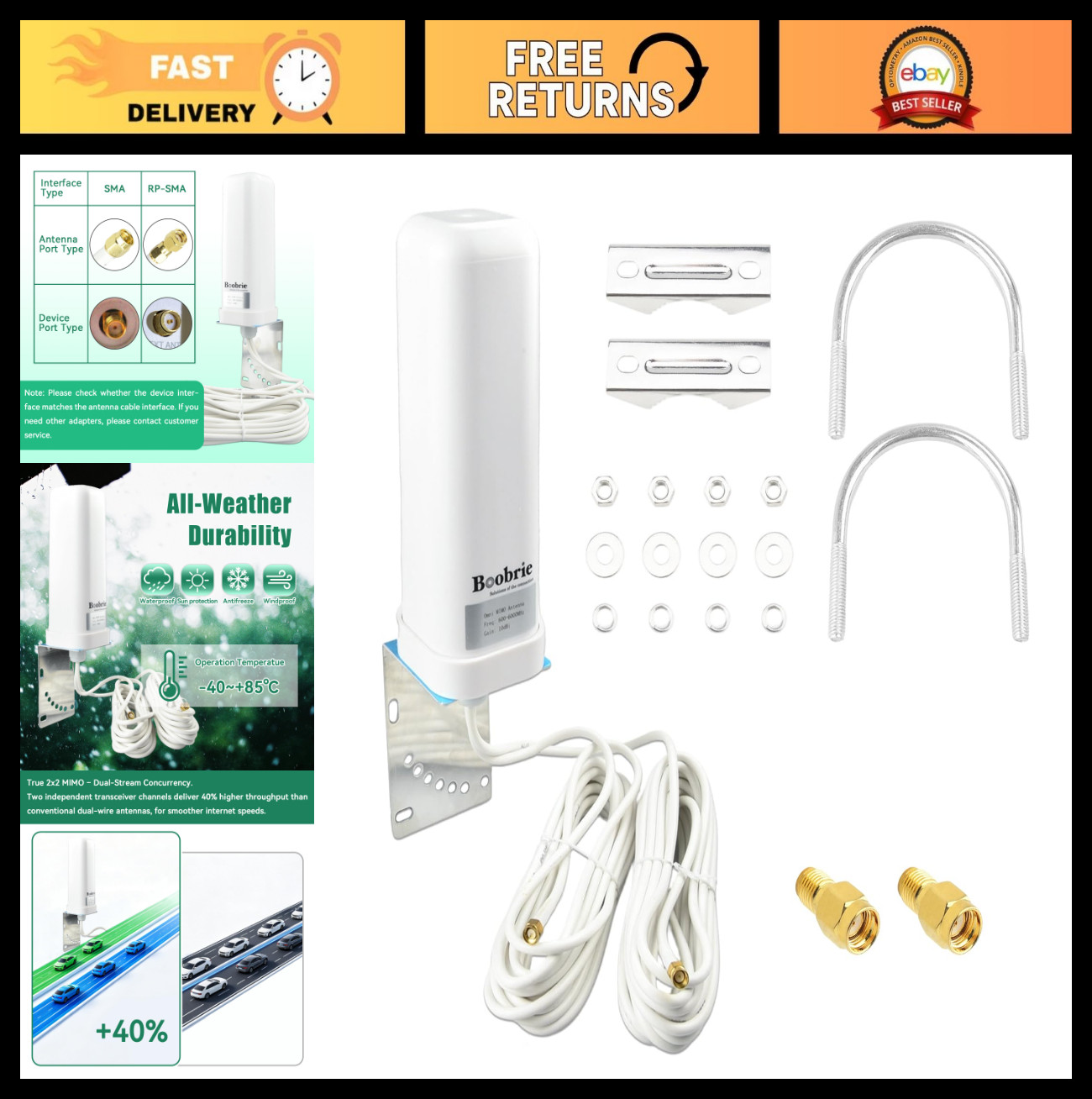 High Gain 10dBi 2x2 MIMO 4G LTE 5G Antenna 600-6000MHz with 16.4ft RG58 Cable