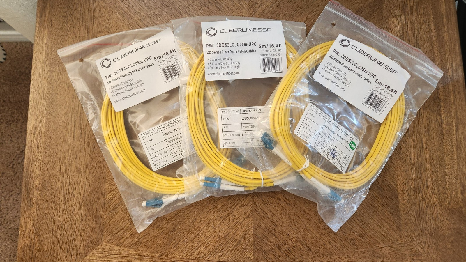 XD Series Fiber Optic Patch Cables 3DOS2LCLC05m (5M) Cleerline SSF (Lot of 3)