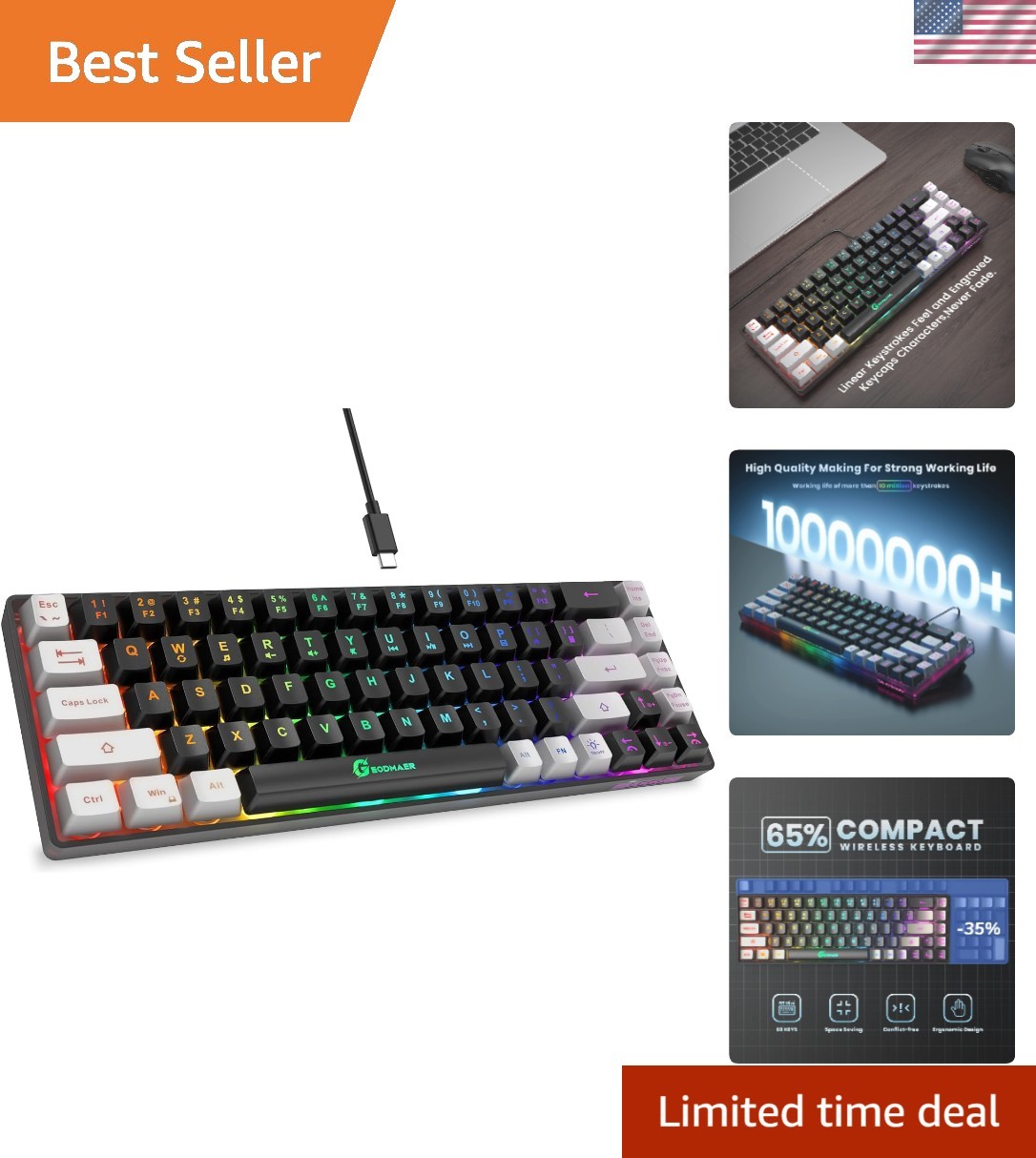 65% Wireless Gaming Keyboard, Rechargeable Backlit Gaming Keyboard, 68 Keys U...