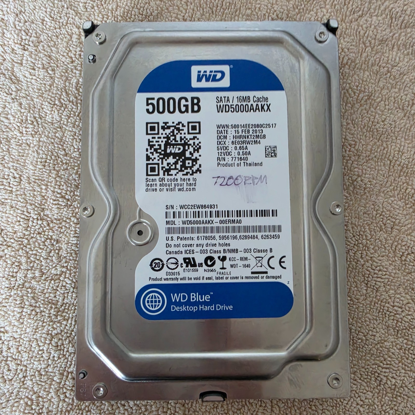 WESTERN DIGITAL BLUE | WD5000AAKX-00ERMA0 | 500GB | 7200 RPM 3.5" SATA HDD (#6)