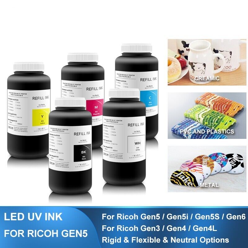 5×1000ML LED Curable UV Ink For Ricoh Gen3 Gen4 Gen4L Gen5i Gen6 Printhead