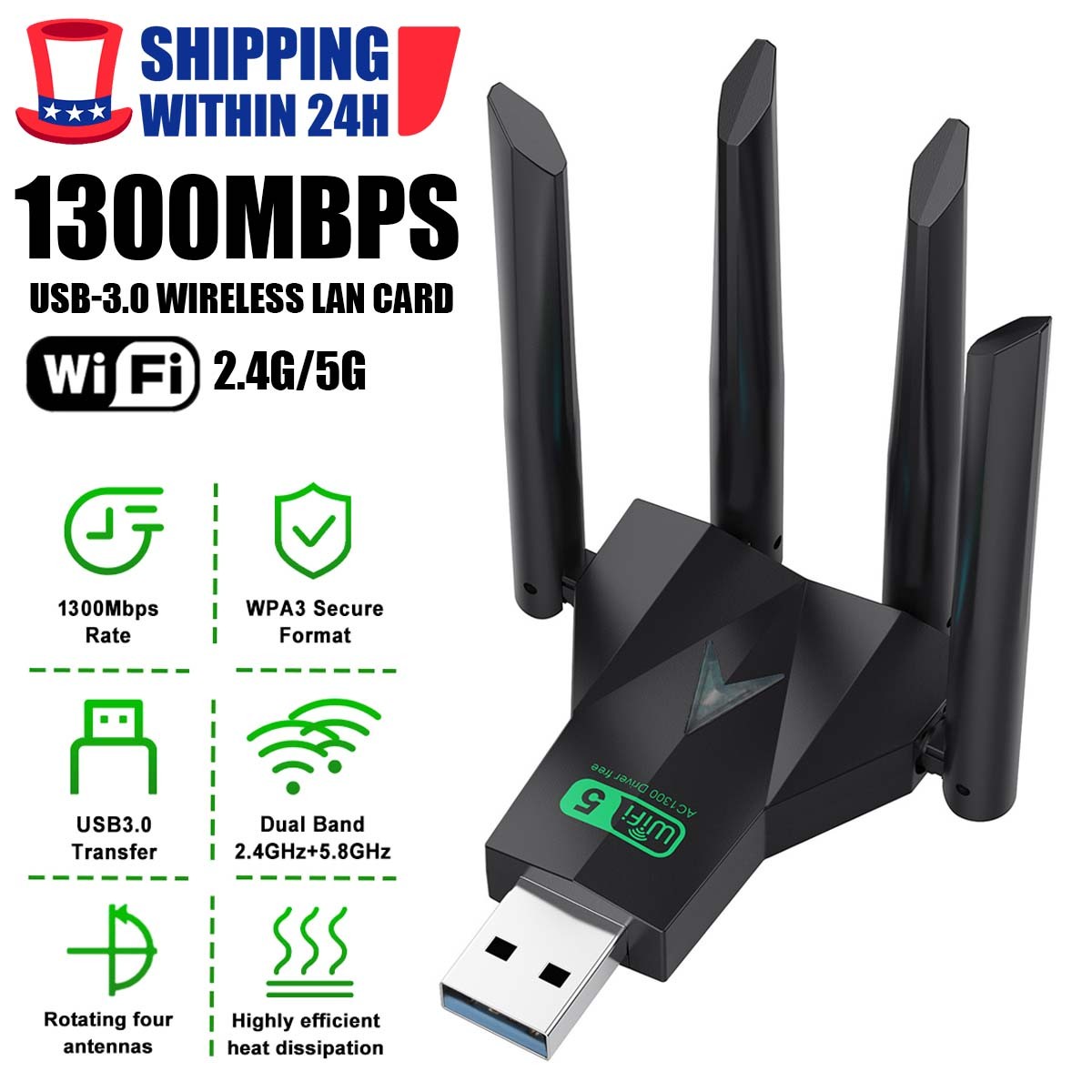 NEW 4-Antenna 1300Mbps Dual Band USB 3.0 Wifi  Wireless Network Card for PC US