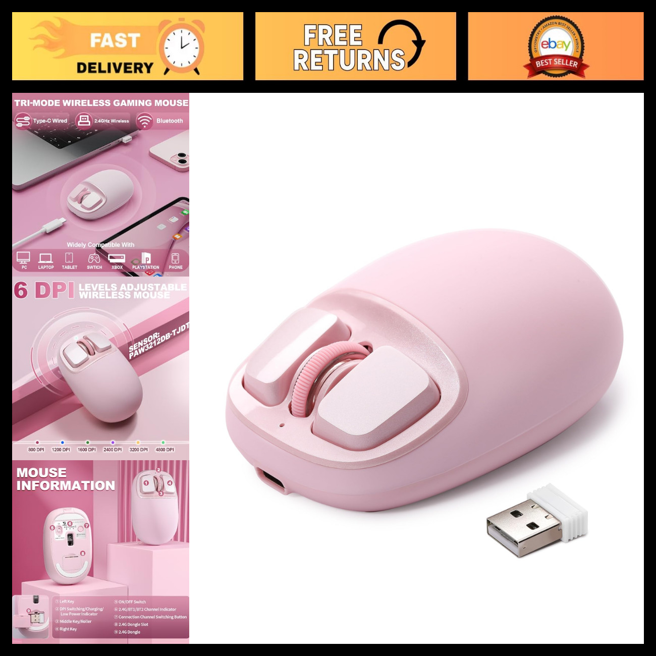 Wireless Tri-Mode Mouse 4800 DPI Optical - Pink, Ergonomic Design, Bluetooth & U