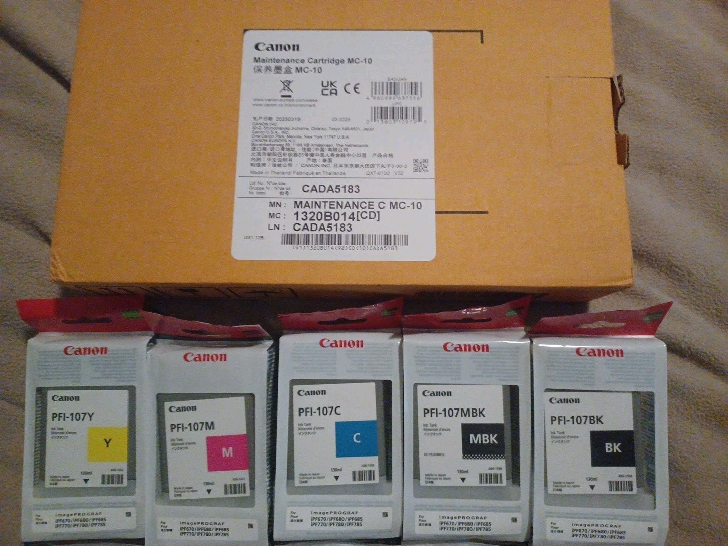 5pk Canon PFI-107 Ink Set 130ml MBK BK C Y & M & 1 MC-10  MAINTENANCE CARTRIDGE 