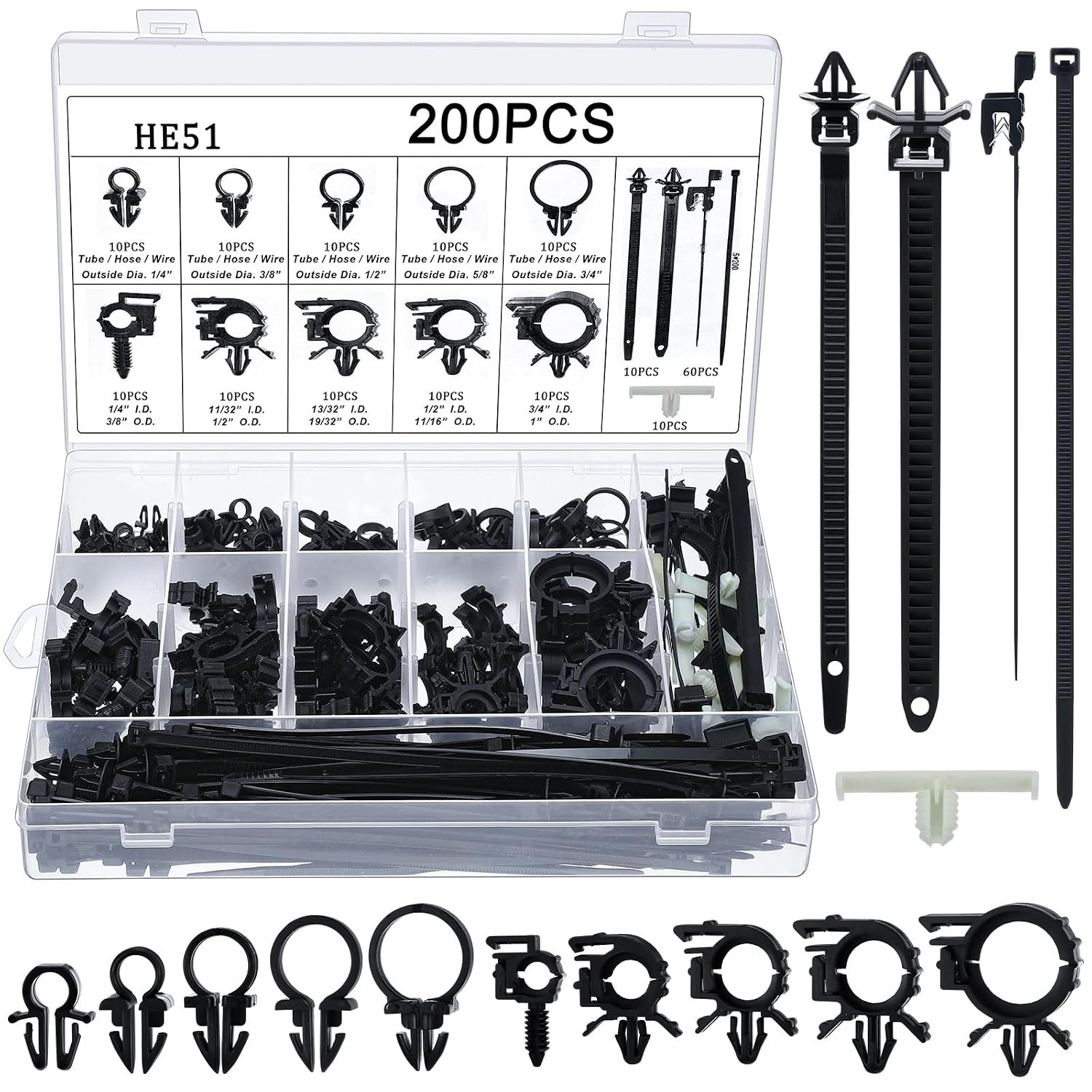 200 Pcs Wire Loom Routing Clips, 15 Sizes Push Mount for Car