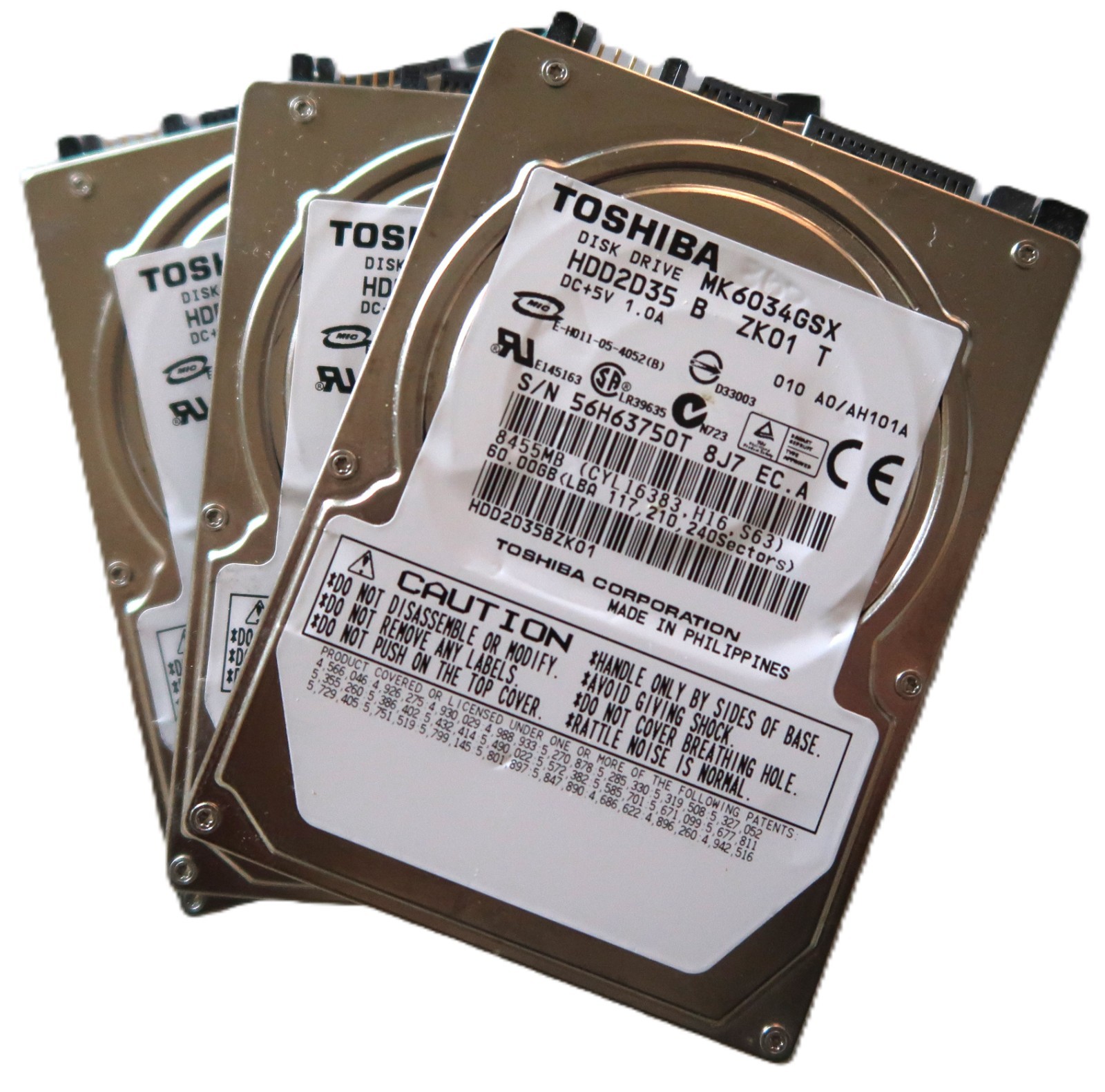 *Lot of 3* Toshiba MK6034GSX 5400rpm 1.5Gb/s 8MB 2.5" 60gb Sata hard drives