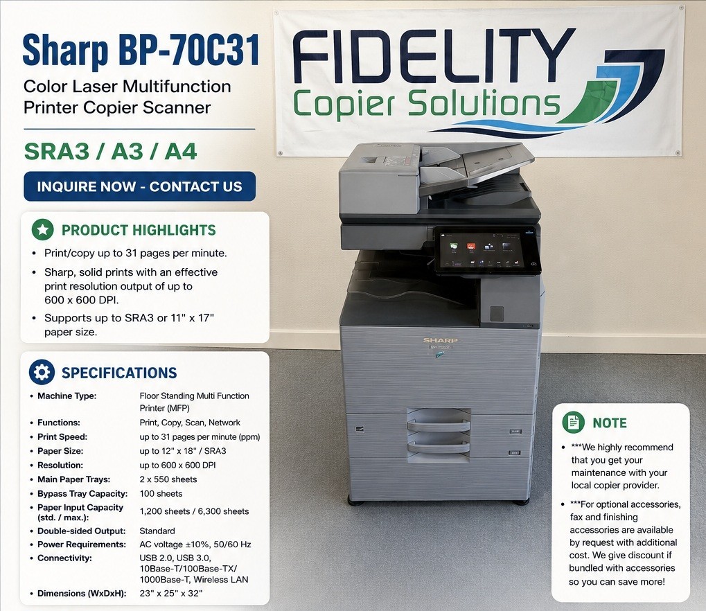 Sharp BP-70C31 Color A3 Laser Multifunction Copier Printer Scanner 31 PPM 70C36